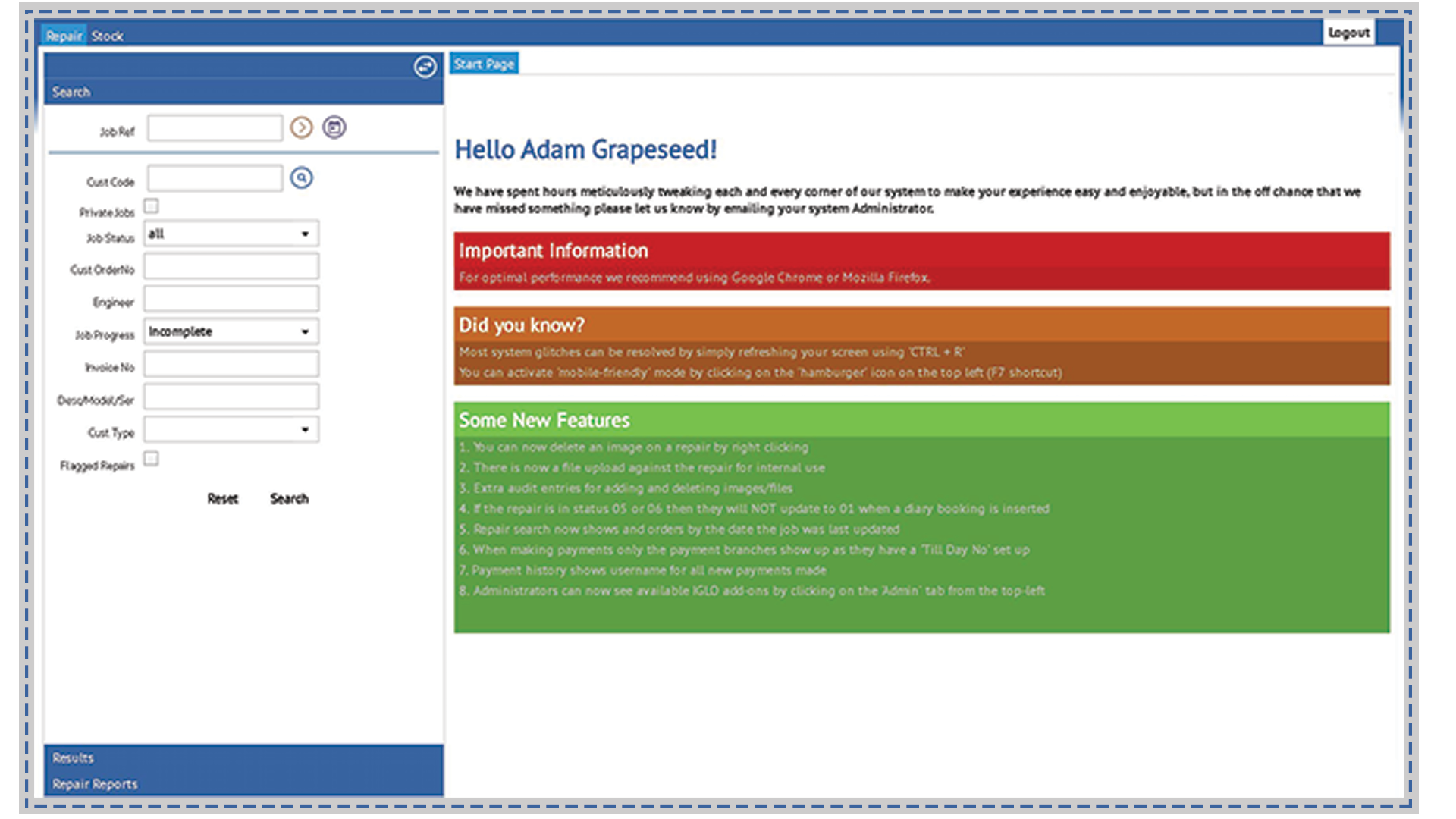 The IGLO software dashboard